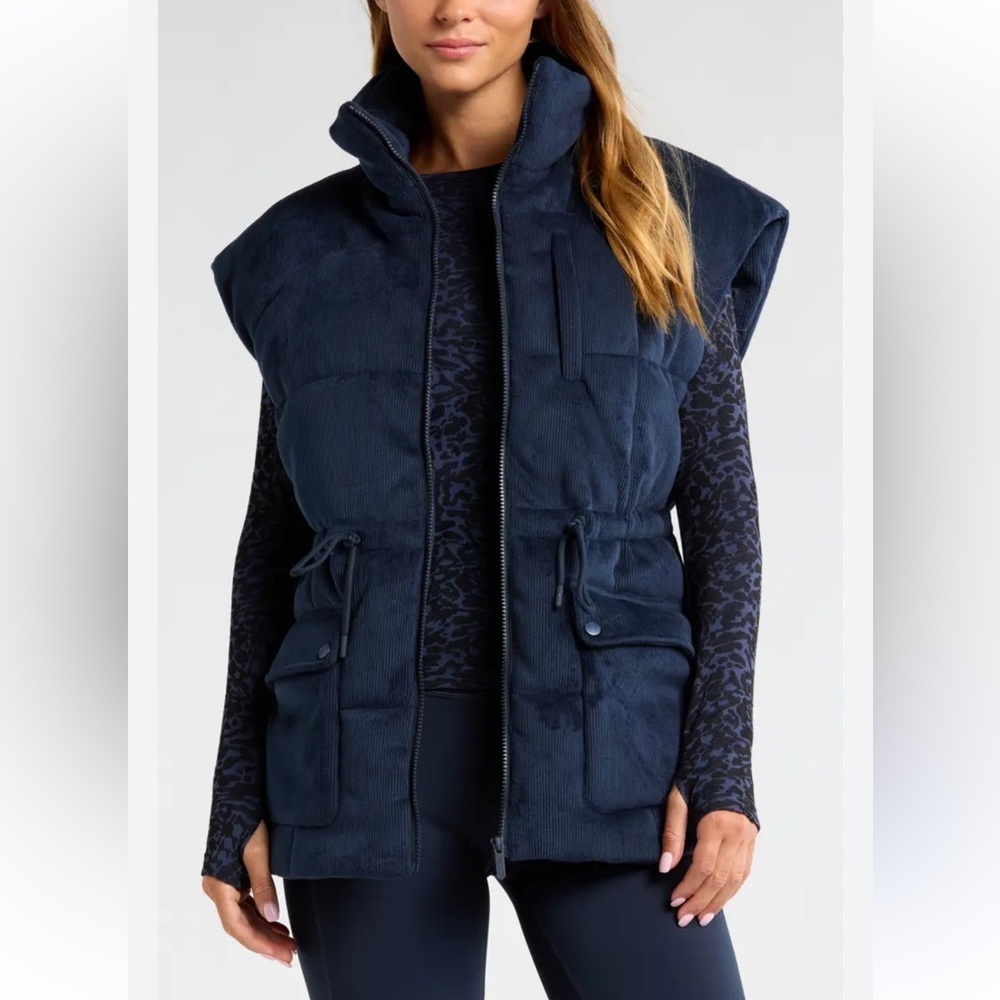 Zella Corduroy Navy Quilted Ribbed Puffer Oversized Vest sz S